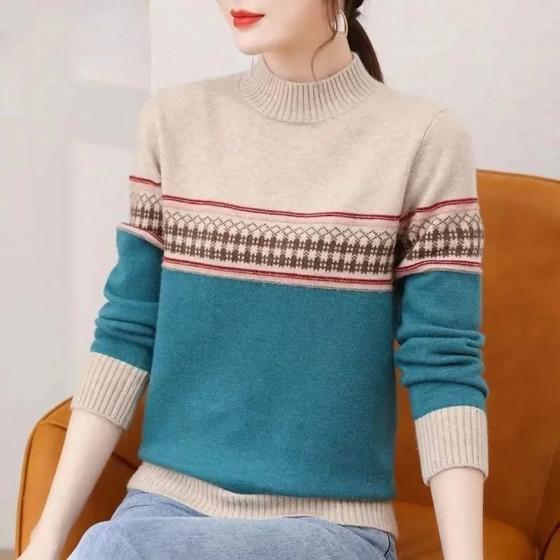 

Autumn Winter Sweater Woman Pullovers Half High Collar Stripe Casual Tops Female Sweaters Knit Soft Jumper Women's Bottom Shirt