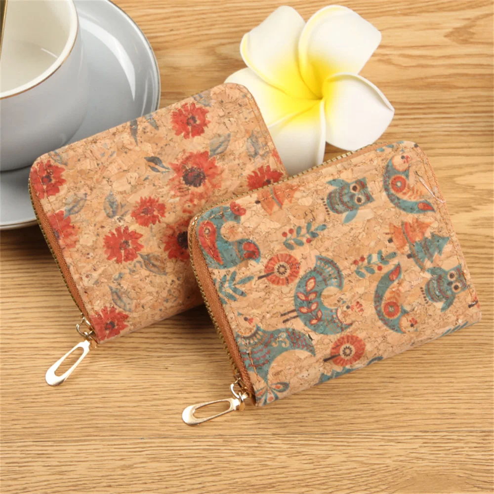 

New Retro Exquisite Printed Short Wallet PU Cork Coin Purse Multi-functional Card Holder Portable Zipper Money Bag for Women