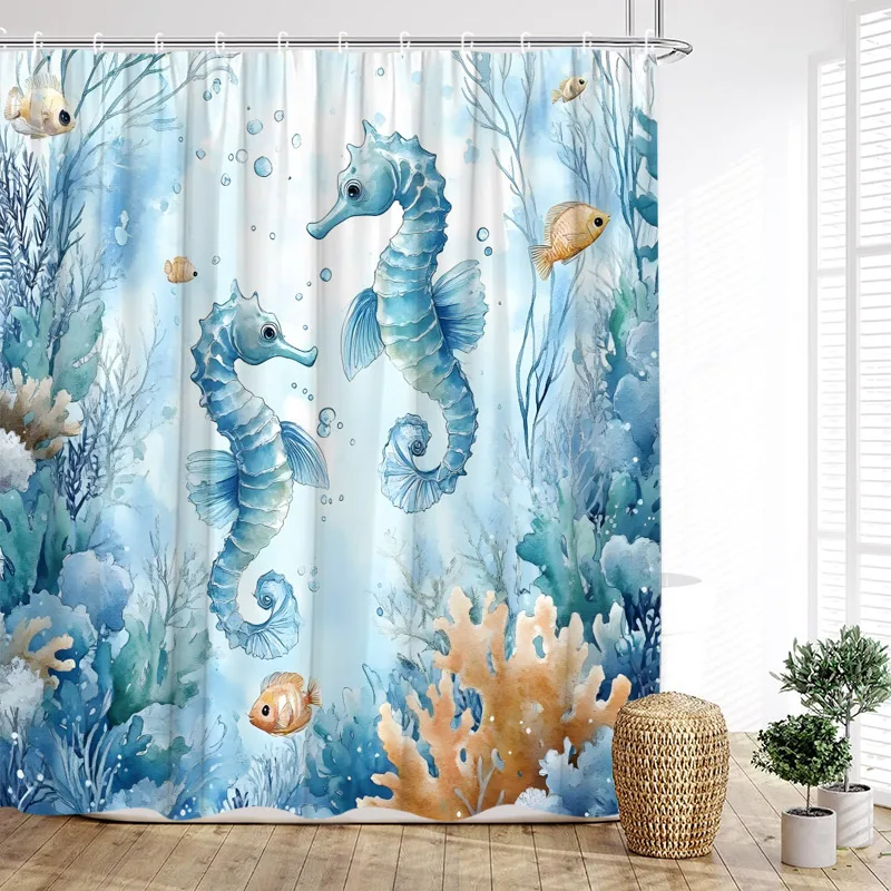 

Beach Floral Conch Shower Curtains Watercolour Roses Flowers Starfish Seashells Ocean Waves Scenery Cloth Bathroom Curtain Decor