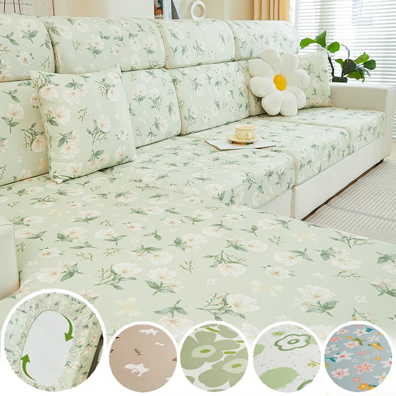 

1PC Floral Breathable Icy Silky Sofa Cushion Cover Elastic Washable All-Inclusive Slipcover for Living Room 1/2/3/4 Seater Couch