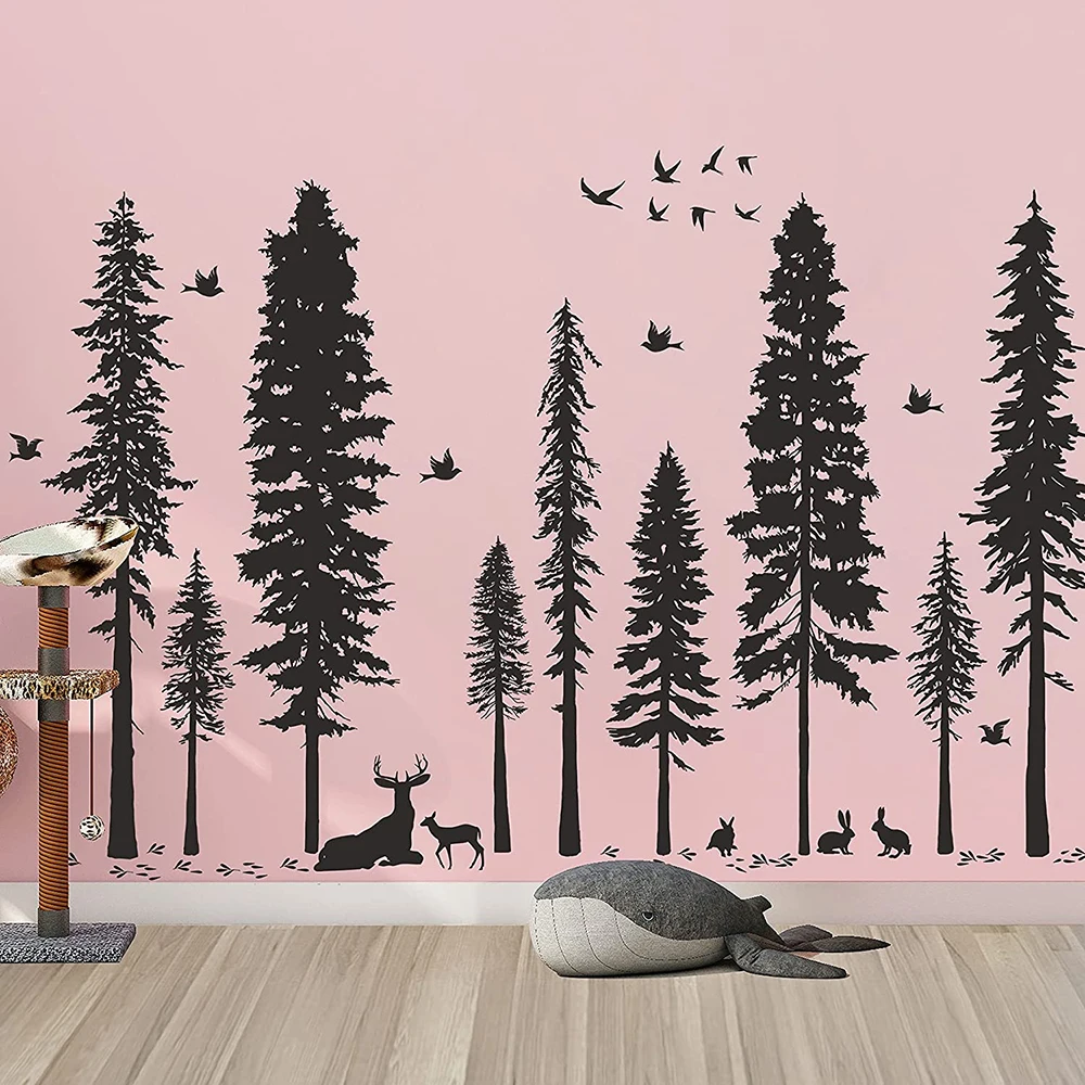 Large Pine Tree Bird Deer Wall Sticker Office Bedroom Forest Jungle Woodland Animal Wall Decal Baby Nursery Living Room Vinyl
