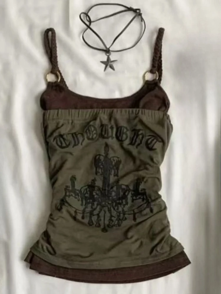 

2000s American Vintage Slim Sexy Print 2 Piece Camis Sets Y2k Subculture Hot Girl Sleeveless Tops Summer Harajuku Gothic Tanks