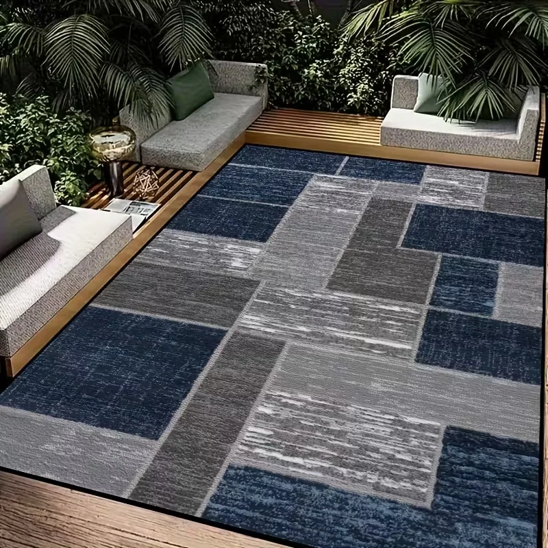 Deep Blue And Light Gray Rectangular Grid Splicing Pattern Courtyard Mat Indoor Outdoor Anti Slip Mat Absorbent Quick Drying Mat