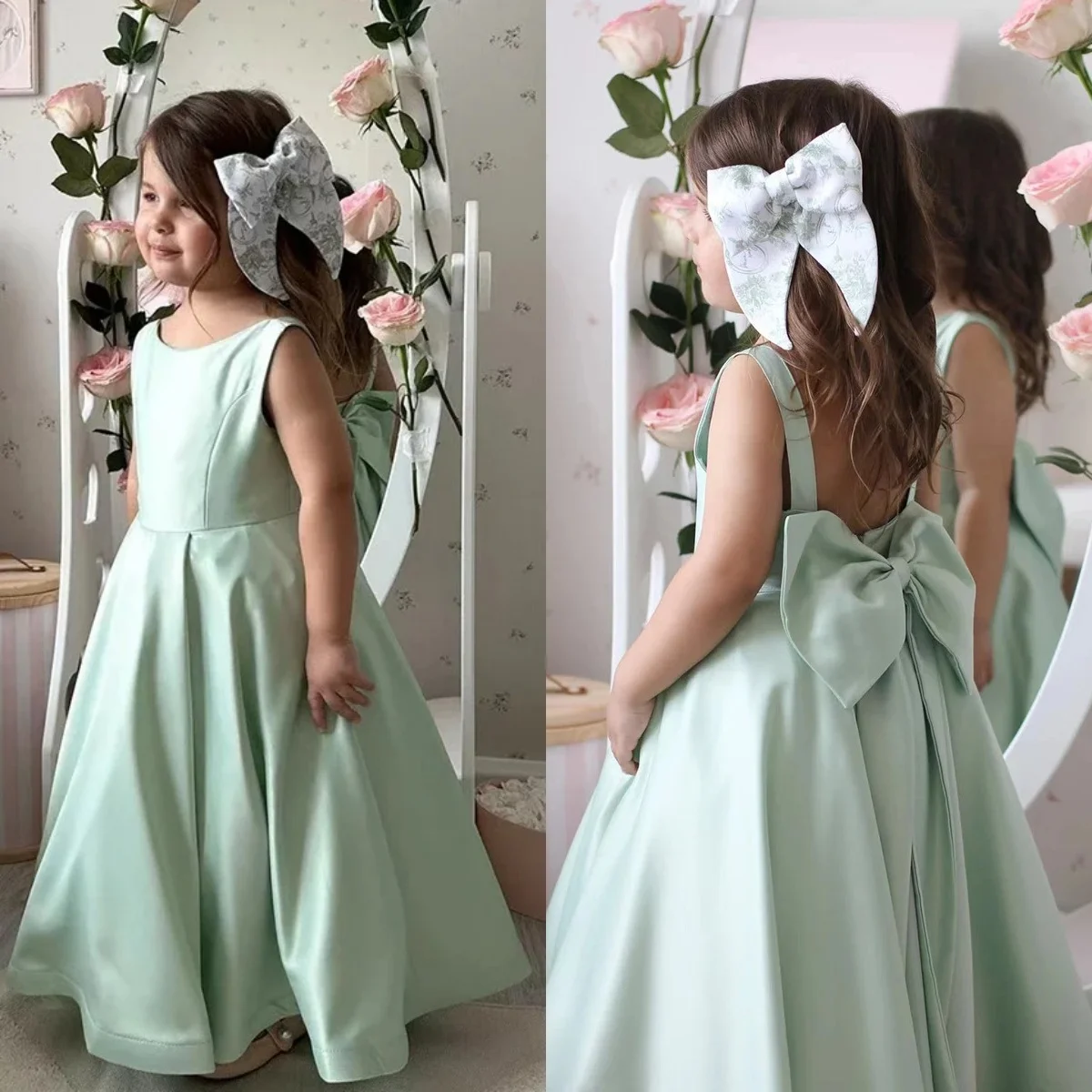 

Customized Green Satin Flower Girl Dresses for Wedding with Bow Sleeveless Lovely First Communion Baby Kids Birthday Party Gowns