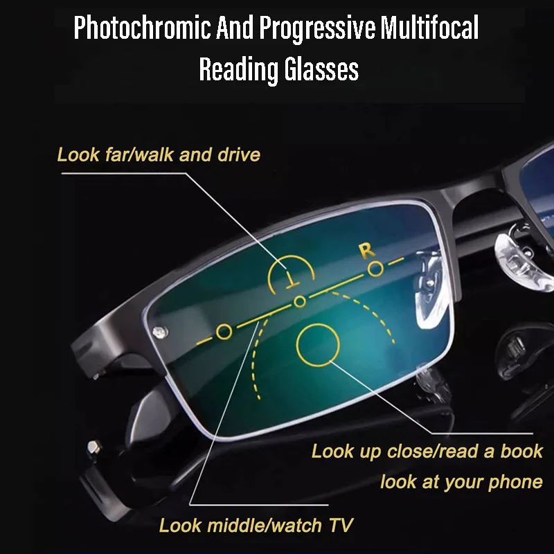 Lunettes de lecture progressives photochromiques demi-cerclées pour hommes, style professionnel, monture TR, lunettes de soleil multifocales pour usage extérieur