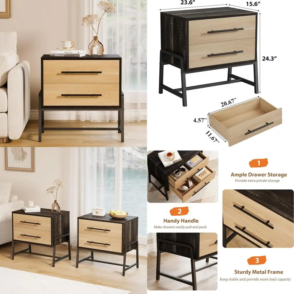 Mid-Century Modern Nightstand with Storage Drawers, Light Wood Side Table on Metal Legs for Bedroom & Living Room