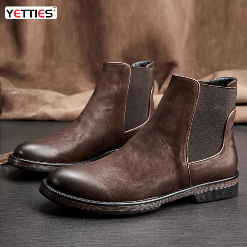 

YETTIES 2025 New Men's Fleece Lined Chelsea Boots, Mid-Calf Motorcycle Combat Boots, Genuine Leather Winter Shoes for Daily Wear