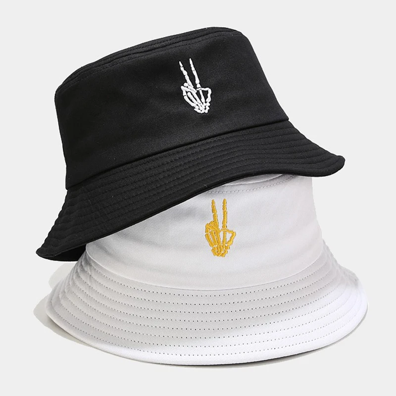 

New Skull Finger Embroidered Bucket Hat Women Men Cotton Sunshade Basin Hat Panana Cap Casual Hip Hop Caps Halloween Party Gifts