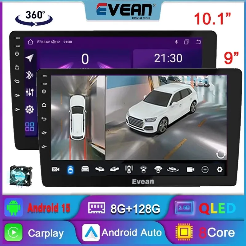 Evean 8G 128G Octa Core Android15 Car Radio With Cooling Fan Wireless Carplay Android Auto 2 din Multimedia Player 360 Camera