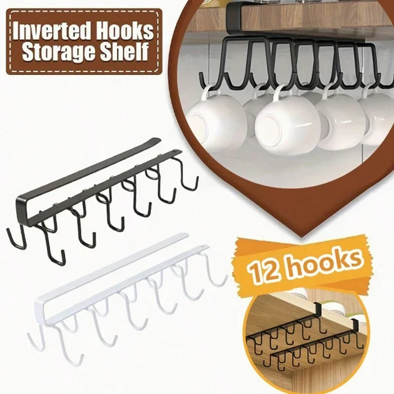 Cabinet Storage Rack Multifunctional Wardrobe Organizing Rack 6/12 Hooks Kitchen Cup Holder No Punching Storage Rack Organizer