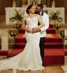 Long Sleeves African Wedding Dresses Mermaid Sheer Appliques Pearls Women Bridal Wedding Gowns For Black Girls