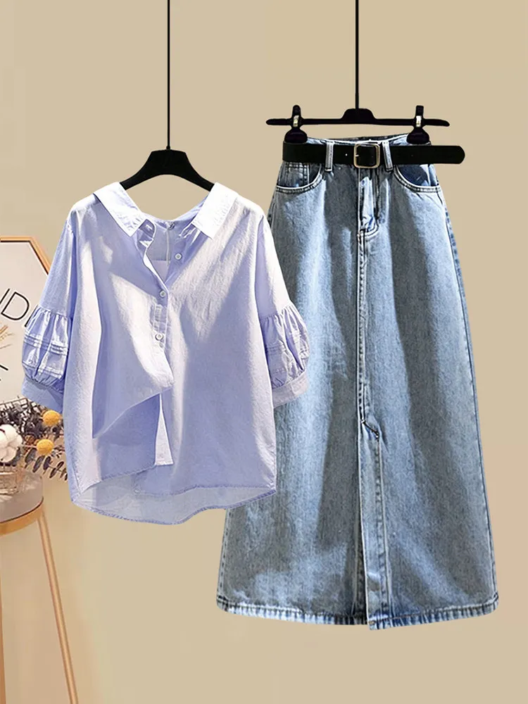 

Summer Blue Korean Design Vintage Collar Bubble Sleeve Shirt High Waist Denim Skirt Two Piece Set Women's Fashion
