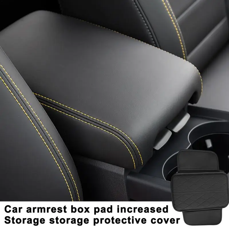 Car Armrest Seat Box Cover Protector Center Console PU Leather Cover With Two Side Storage Pockets Anti-Scratch Anti-Slip