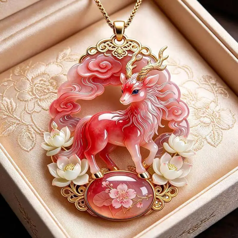 Deer Pendant Necklace Bohemian Chinese Style Lucky Guardian Animal Jewelry Cable Chain for Festival Wear