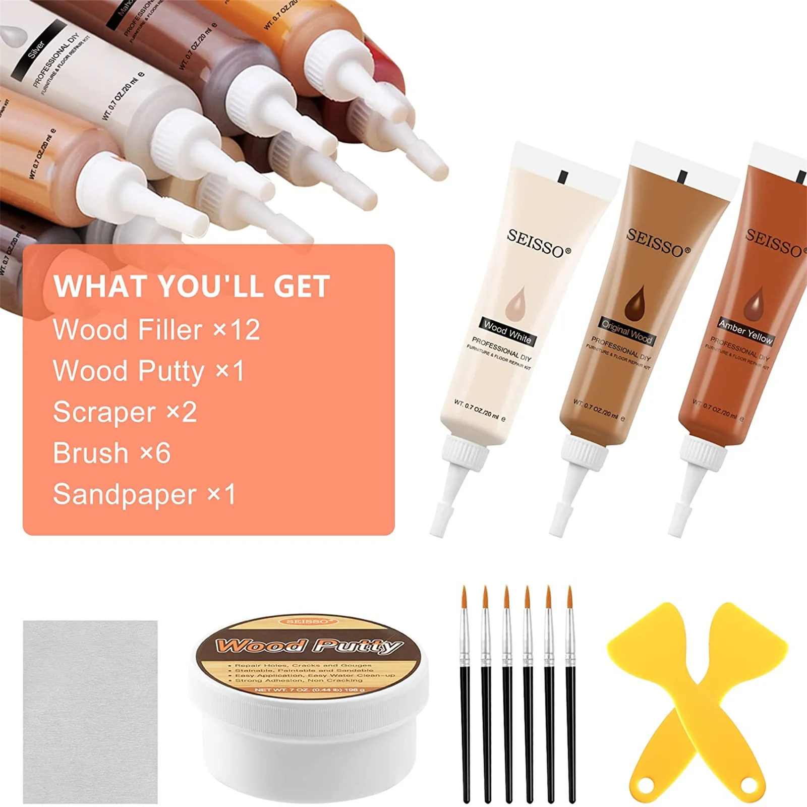Furniture Scratch Repair Kit, Wood Putty Repair Kit, with 12 Color Repair Cream and 1 Repair Putty, for Wood Floors, Cabinet