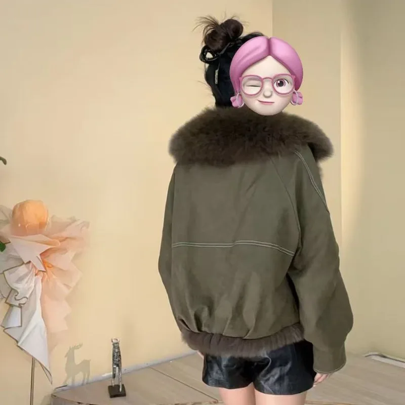 Outerwear New Autumn Winter Style Large Fur Collar Motorcycle Short Fur-like Fur Coat Women's Best-selling Parker Down Jacket