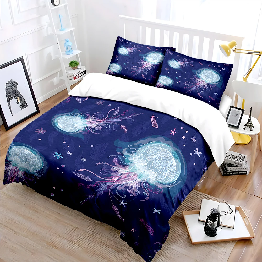 Jellyfish and deep-sea patterned background Print Soft Comfortable Duvet Cover Bedding Set Included 1*Duvet Cover  2*Pillowcases