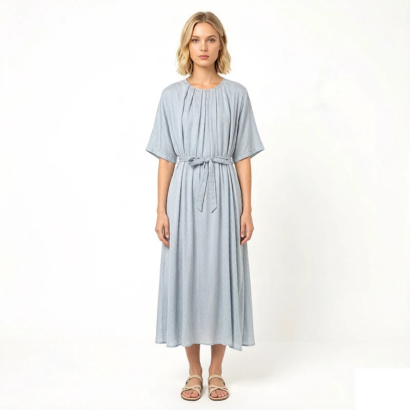 

Women Dress 93% Mulberry Silk 7% Spandex Light Blue Ruffled Jacquard Half Sleeve Belted A-line Long Dresses 2026 Summer M1416