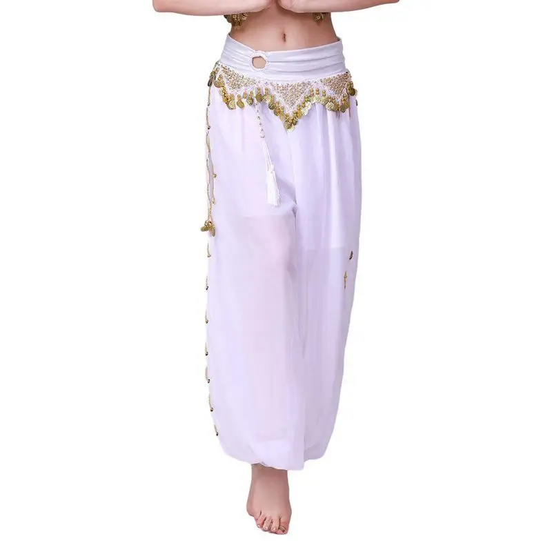 Womens Dancewear Belly Dance Stage Performance Costume Side Split Sequins Bloomers Semi See-Though Loose Pants