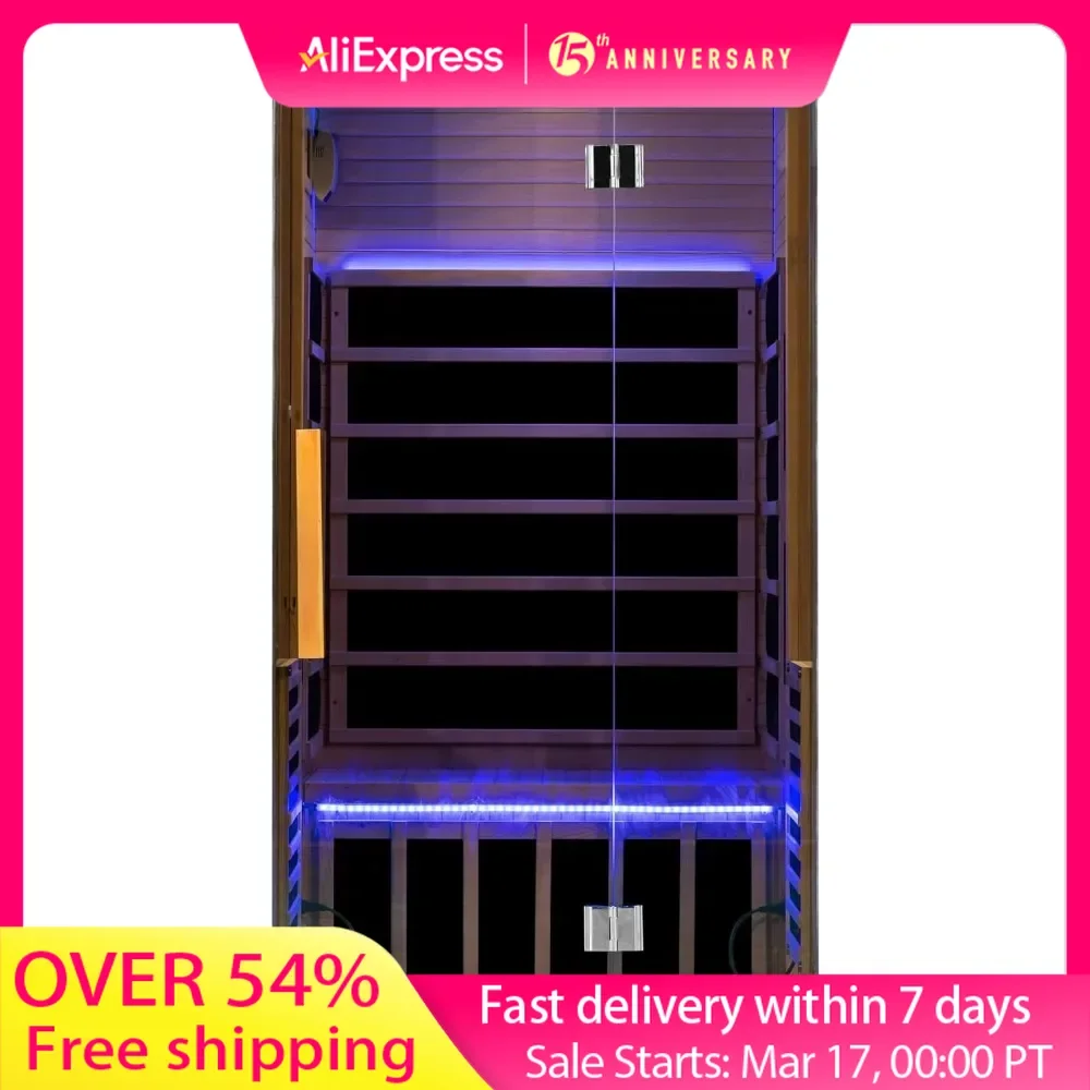 Infrared Sauna for Home Spa with Bluetooth Speakers, LED Lamp, LCD Control Panel, Tempered Glass Door, 7 Colors Lighting