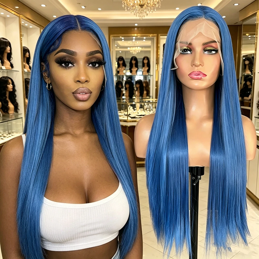 

13x4 Lace Front Wig Bright Blue Long Straight High Temperature Fiber Glueless Wigs For Black Women 180 Density Heat Resistant Sy