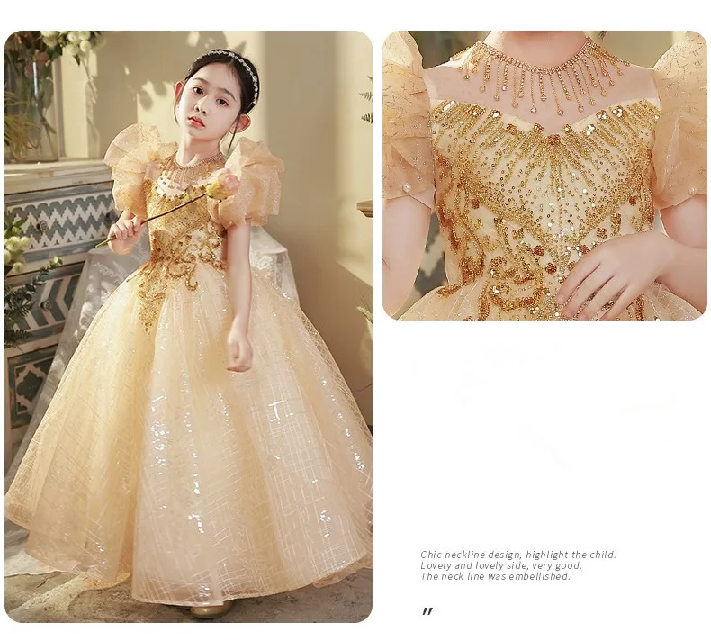 Girls Dress For Party Wedding Dress Children Pageant Gown Baby golden sequins Beaded long Dress Carnival ball Teens Kids Dresses