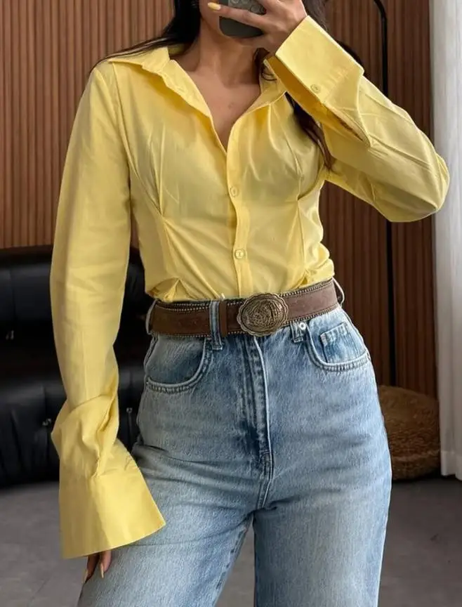 2025秋冬新作 レディースファッション エレガント 無地 ボタン 長袖シャツ トップス 女性服