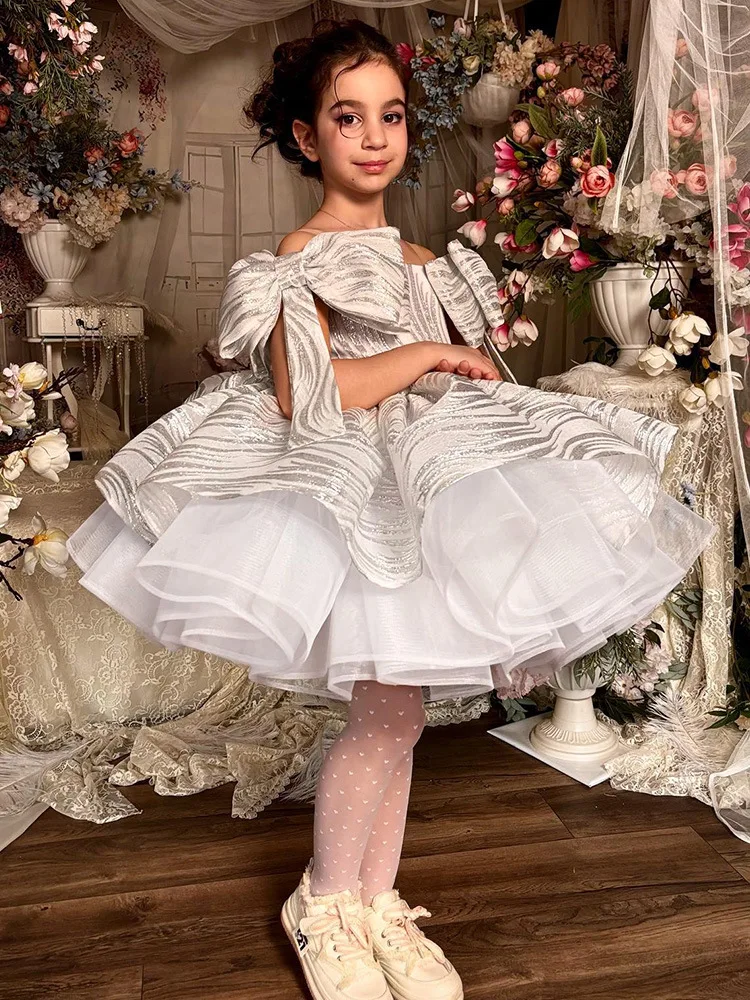 Vestido de fiesta de cumpleaños con un hombro, tutú de princesa con lazo grande, Bola de flores, boda, comunión