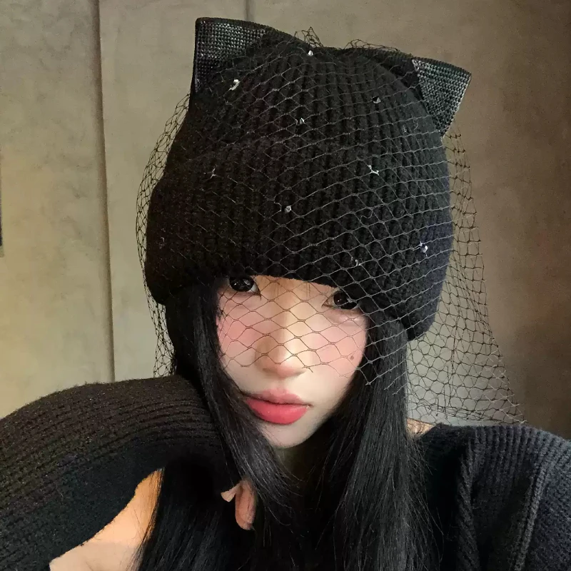 Y2K 스타일의 고양이 귀 모양 니트 비니, 망사 베일 - Beanie Cuffed Knit 리뷰 및 가격