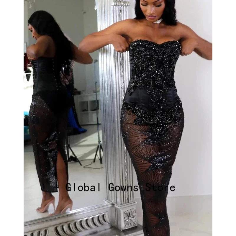 Black Long Prom Dresses For Black Girls Sweetheart Beaded American African Evening Gowns Birthday Party Robe Customized