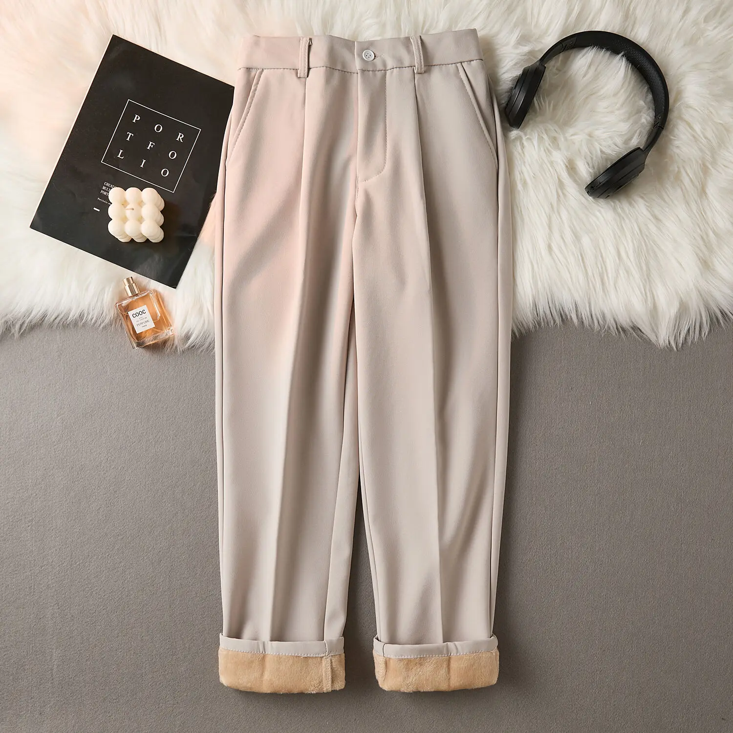 

Fall Winter Fleece Lined Cropped Suit Pants For Men Business Casual Loose Straight Thick Warm Pants Male Classic Fit Pants