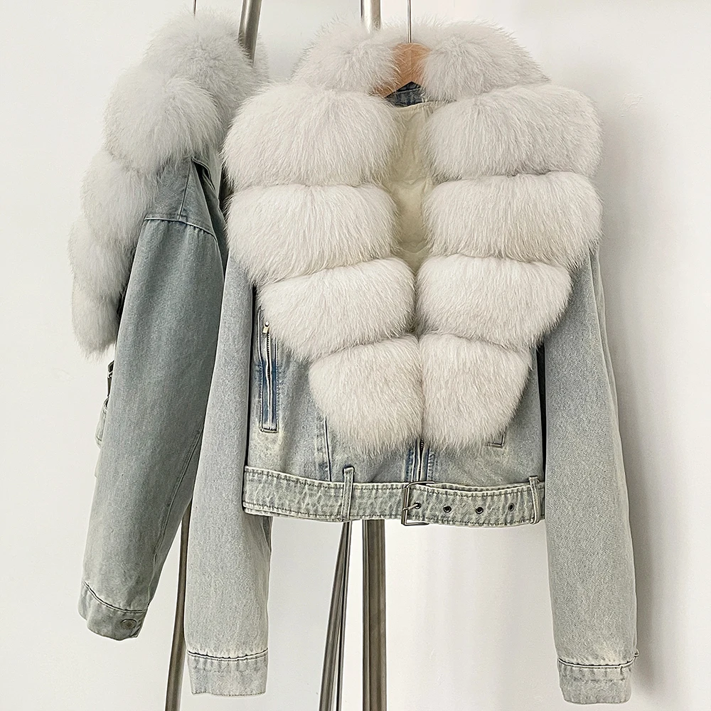 Down Jacket Autumn Puffer Jacket Fluffy Real Fox Fur Collar Short Denim Jacket Female Mongolian Fur Thick Warm Jean Jacket Women