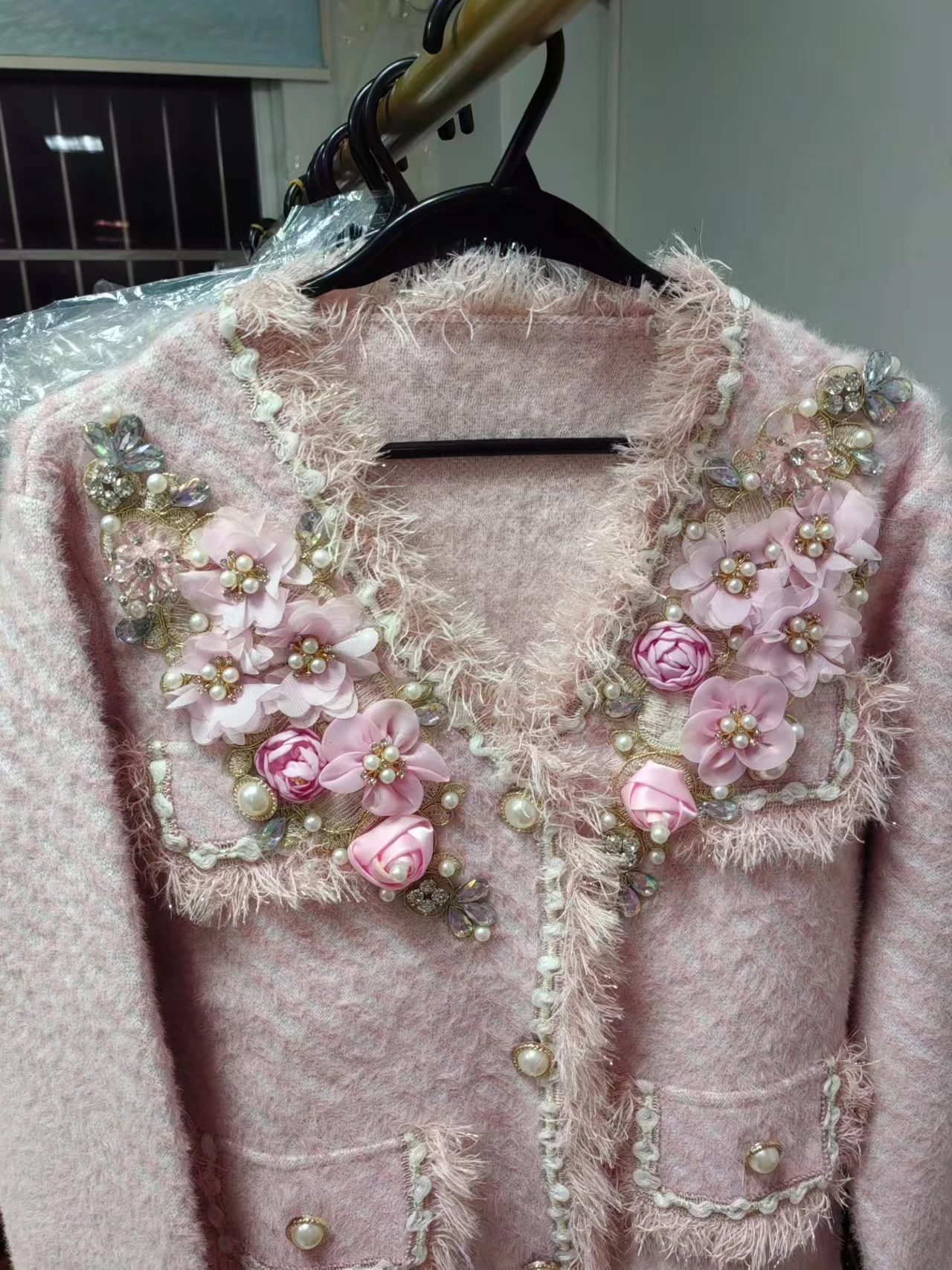 Real Photo Luxury Style Beaded Flower Stitch Knitwear Cardigan Coat For Women V-neck Autumn Winter Pink Sweater Outwear Jacket