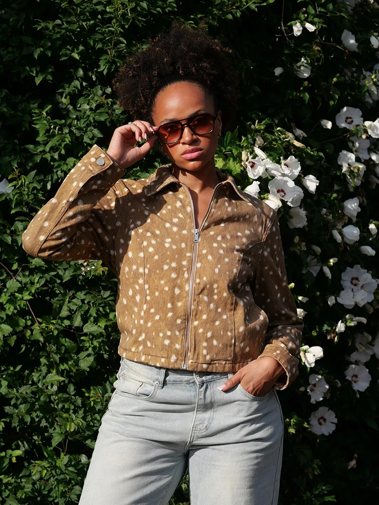 Retro Amerikanischer Hirsch-Punktdruck 2-Teiliges Outfit Reißverschluss-Jacke Knopflose Weite Hose 2026 Winter Neue Lässige Damen-Hosen-Sets – Detail 5