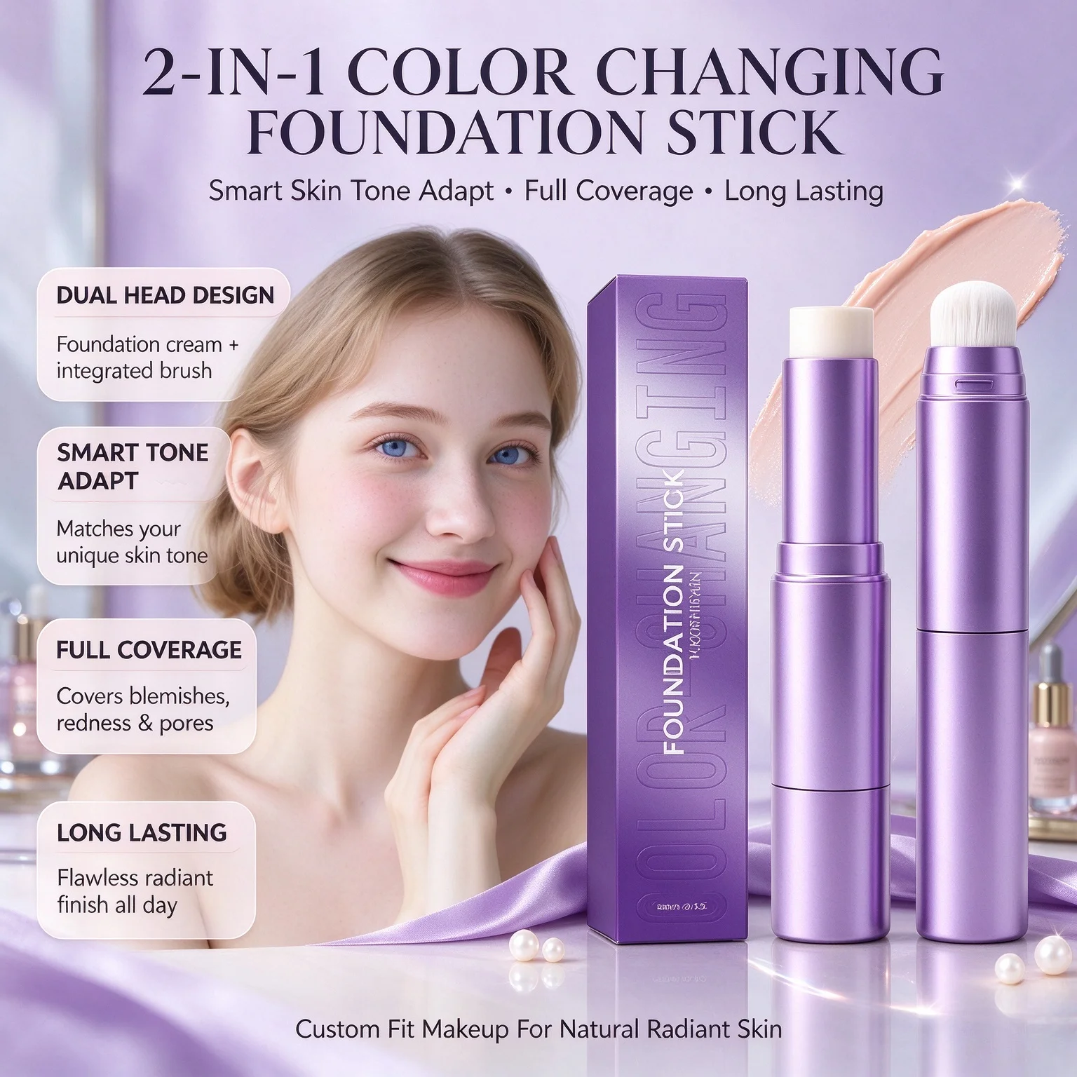 2In1 Dual Head Color Changing Foundation Stick Smart Skin Tone Adapt Full Coverage Natural Radiant Makeup Concealer Cream Stick