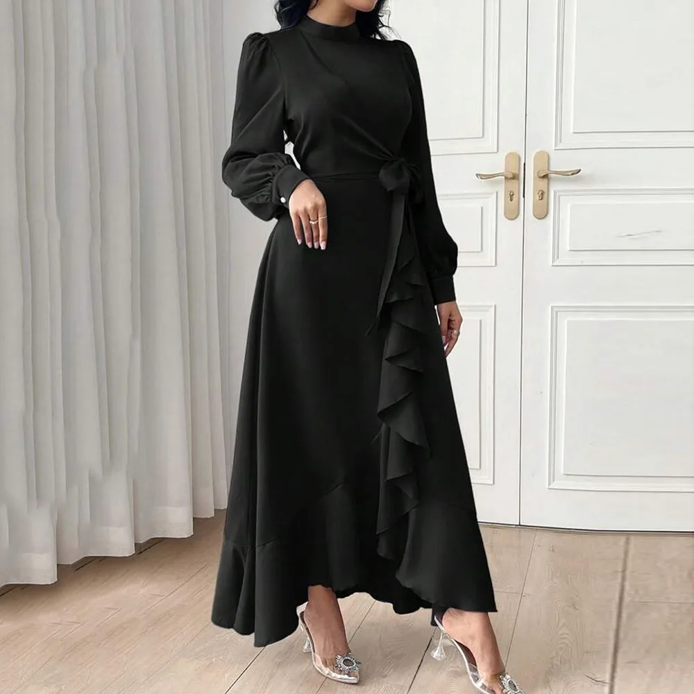 

Customized A-Line Prom Dresses Ankle-Length High-Neck Full Sleeve Evening Gown Simple Fashion Bow Draped Casual Party Gown