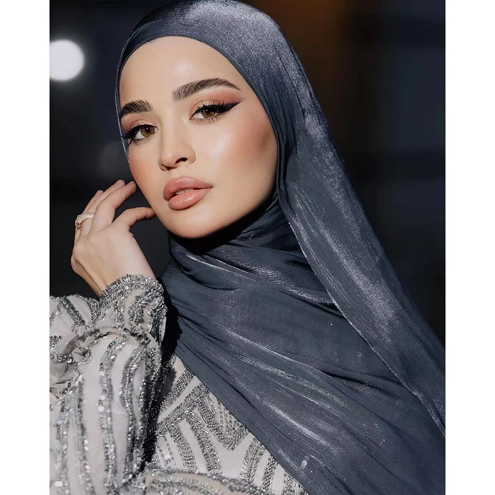 Premium Muslim Pleated Shimmer Chiffon Hijab Malaysian Women Long Shawl Chiffon Crinkle Shawl Female Islamic Headscarf