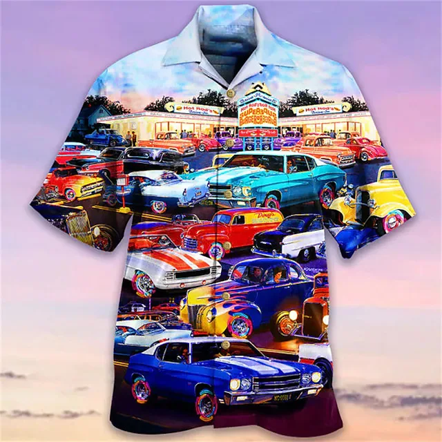 Camisas con estampado 3d de coche Vintage para hombres y mujeres, camisa hawaiana de moda unisex, blusa de gran tamaño de manga corta para playa,