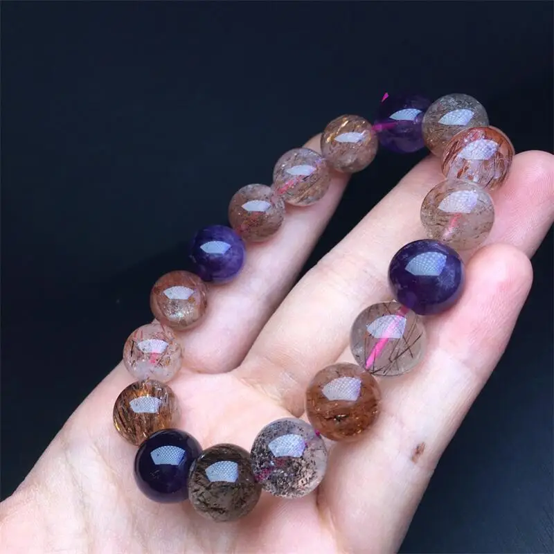 

12MM Natural Black Super Seven Quartz Bracelet Handmade Women Healing Gemstone Crystal Strand Girlfriend Jewelry 1PCS