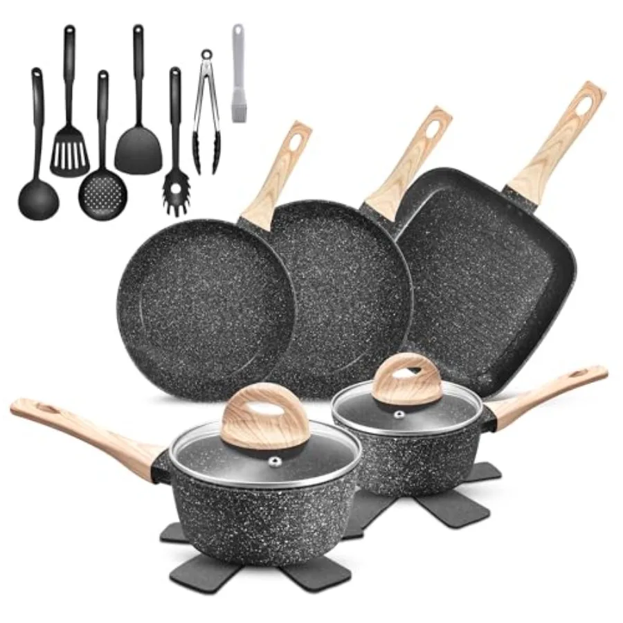 

19 Pcs Pots and Pans Set Non Stick Black Granite Induction Cookware Set for Home Kitchen RV Camping and Outdoor Cooking with Si