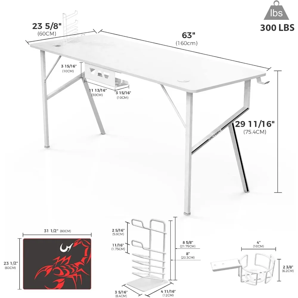 Computer Desk, 63 x 24 Inch K Shaped Long Gaming Desk for Home Office Work Study Writing Table with Cable Management, Cup Holder