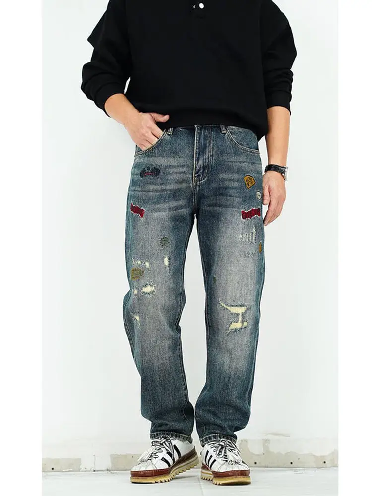

Мужские свободные джинсы в американском стиле с вышивкой и прорезями, модные, повседневные, прямого кроя, с эффектом потертости, в стиле High Street