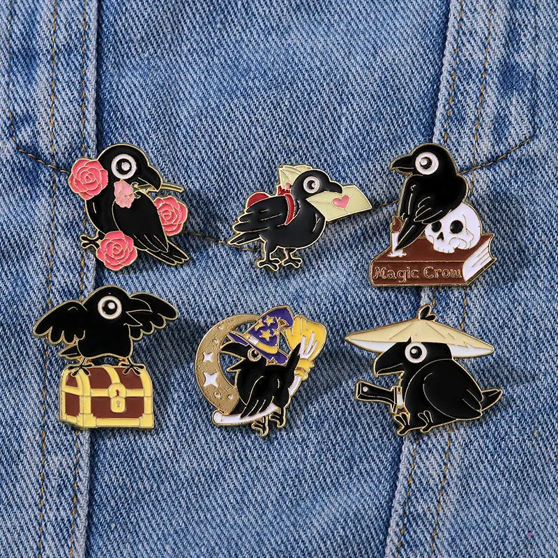 Cartoon Magic Raven Metal Brooch Pink Rose Envelope Cutter Witch Hat Broom Treasure Chest Books Raven Badge Gothic Pins Jewelry