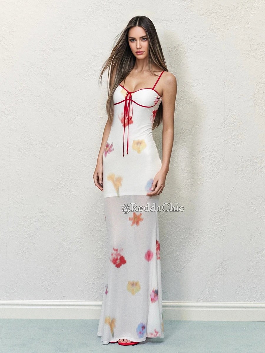 REDDACHiC Abito lungo maxi bianco floreale da donna Corsetto allacciato Maglia semitrasparente drappeggiato Abito a canotta elasticizzato sottile Abbigliamento da spiaggia per le vacanze