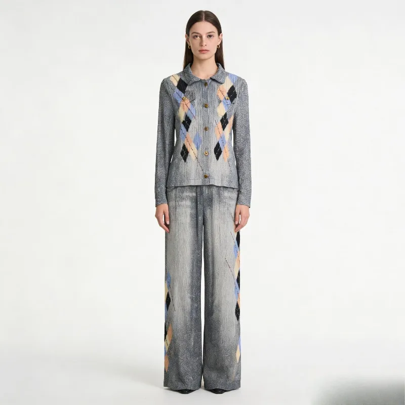

Miyake Pleated Long Suit 2026 Designed Sense Old Made Vintage Denim Color Diamond Print Suit Spring Wide Leg Pants 2 Piece Set