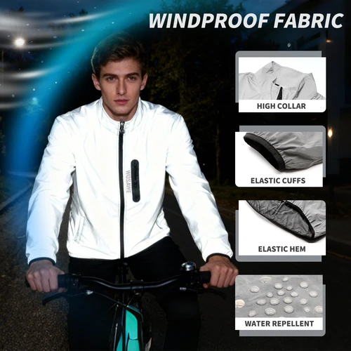 Imagen 2 del producto WOSAWE-Chaqueta totalmente reflectante para hombre, cortavientos ligero para exteriores, chaqueta de lluvia con capucha para bicicleta de montaña, abrigo para correr, pescar y ciclismo