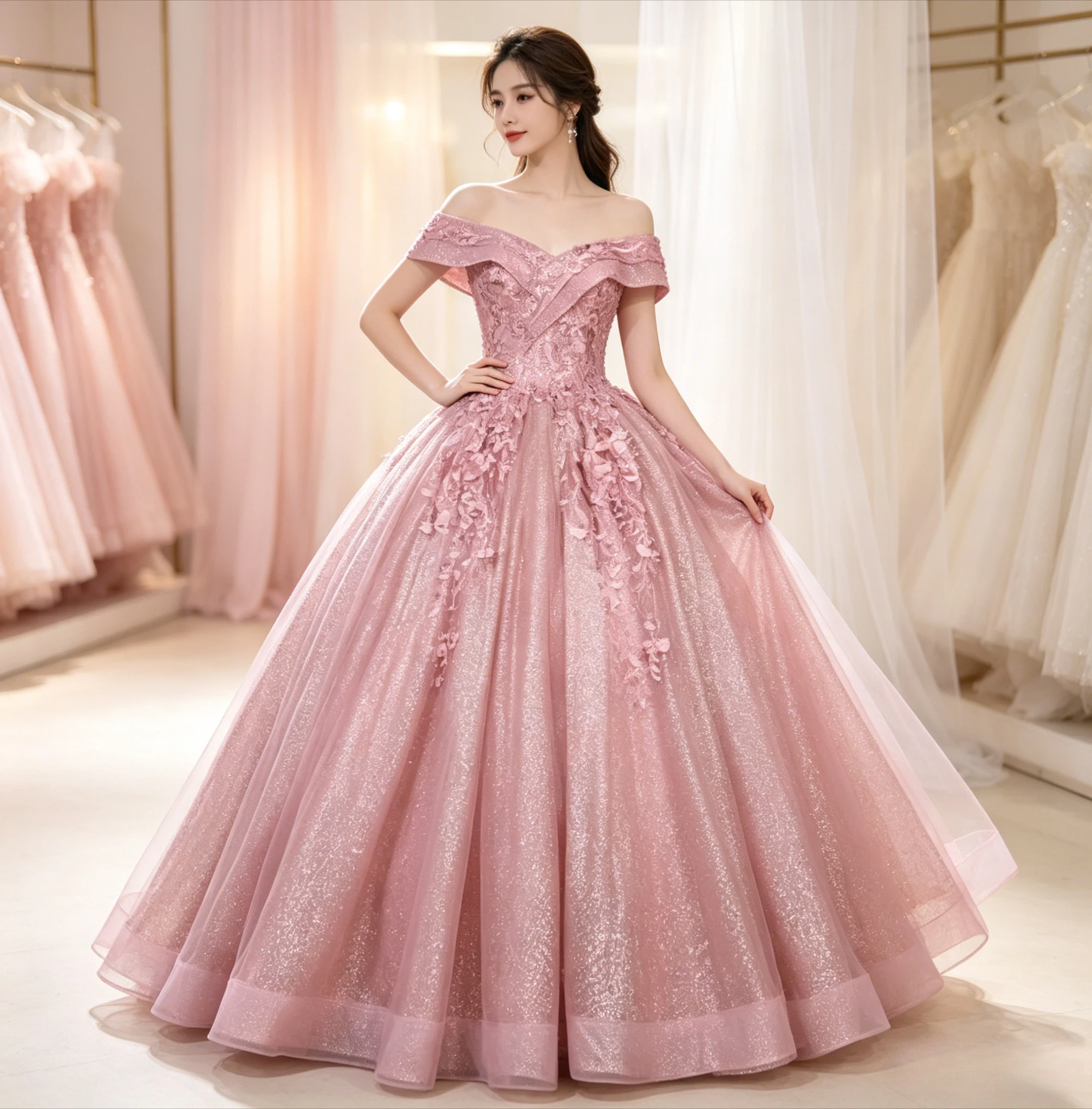 Customized Luxury Multi Color Glitter Organza Bridal Gown Off Shoulder Floral Embroidery Floor Length Formal Wedding Party Dress