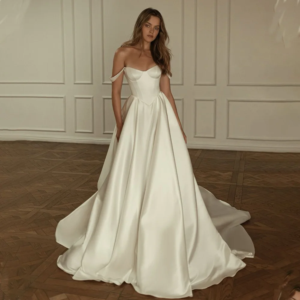 

Luxurious Two Strapls Satin A Line Wedding Dresses Sweep Train Custom Made Vestido De Noival