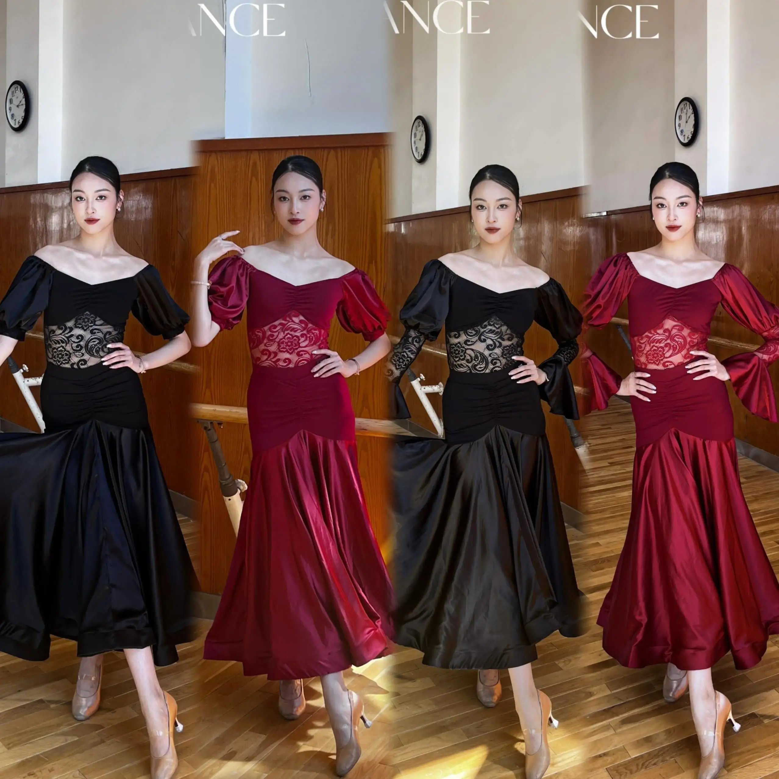 

2025 Ballroom Dance Dress Women Puff Sleeves Tops Skirt Wine Red Black Lace Competition Dress Waltz Dance Clothes Prom BL15848