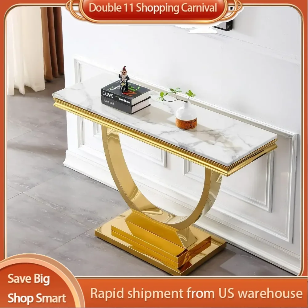 Gold Console Table with Mirrored Stainless Steel Metal Base, Faux Marble Top Narrow Console Table,White Marble Console Table